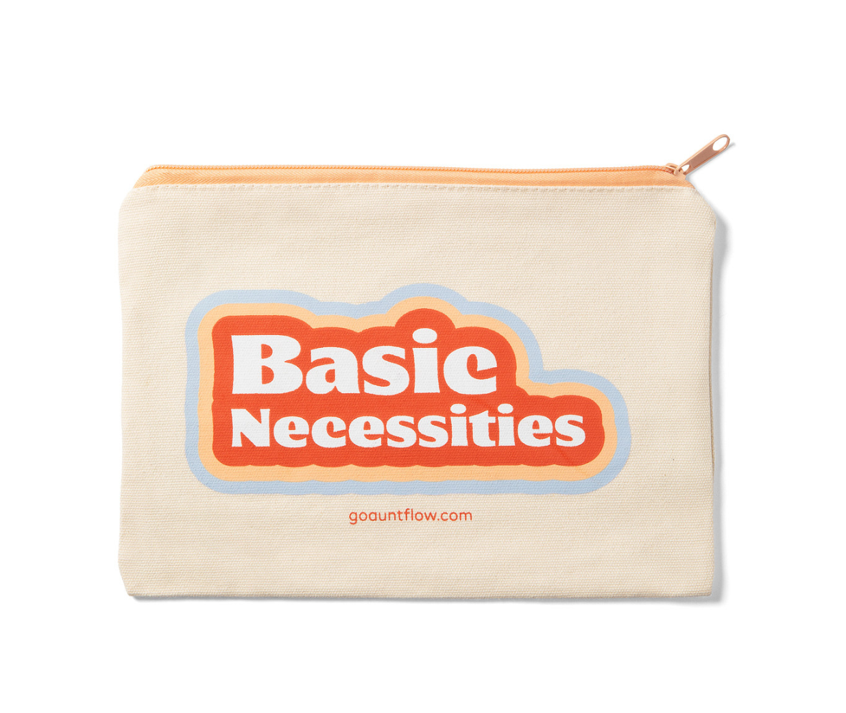 Beige pouch with 'Basic Necessities' text on a white background