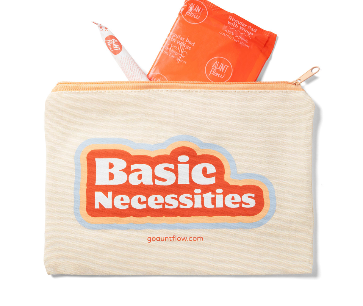 Beige pouch with 'Basic Necessities' text, containing orange packets and a white pen on a white background.